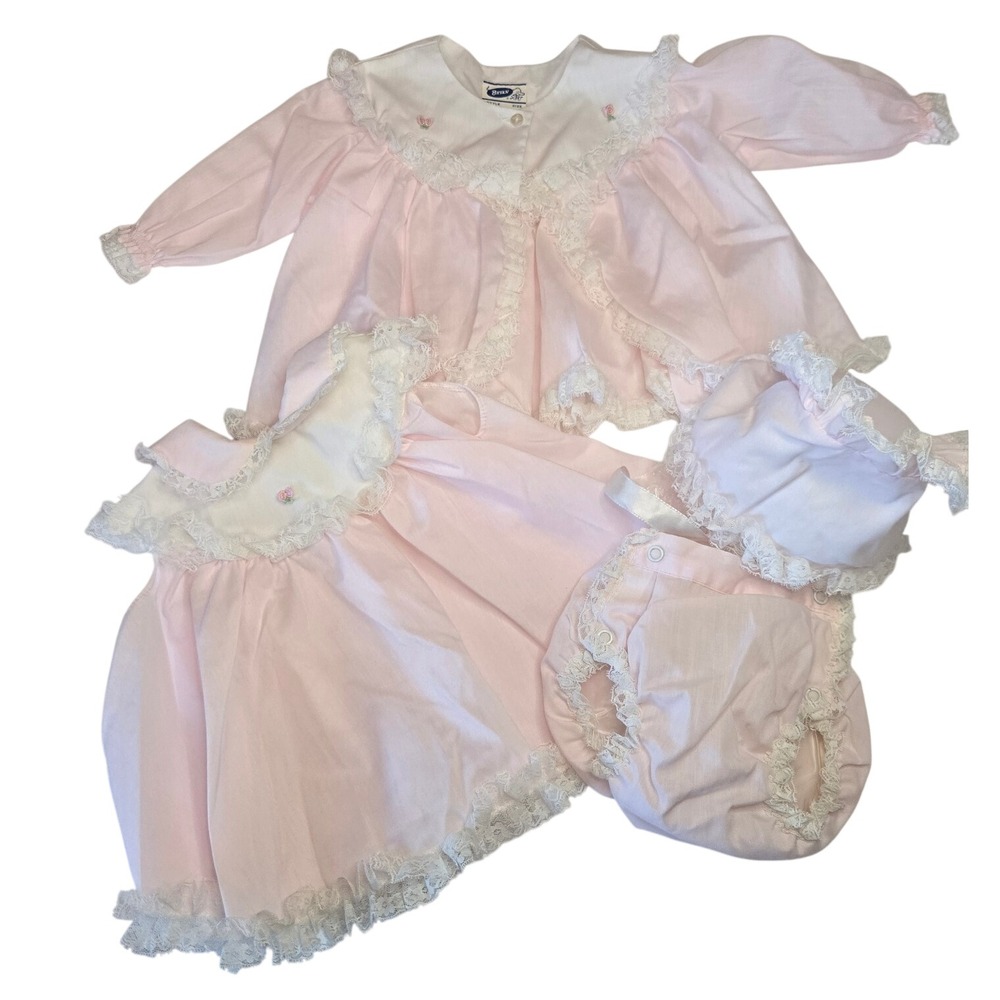Vintage Bryan G-653 Baby Dress Set Size S Pink Lace Bonnet Bloomers 4 Piece